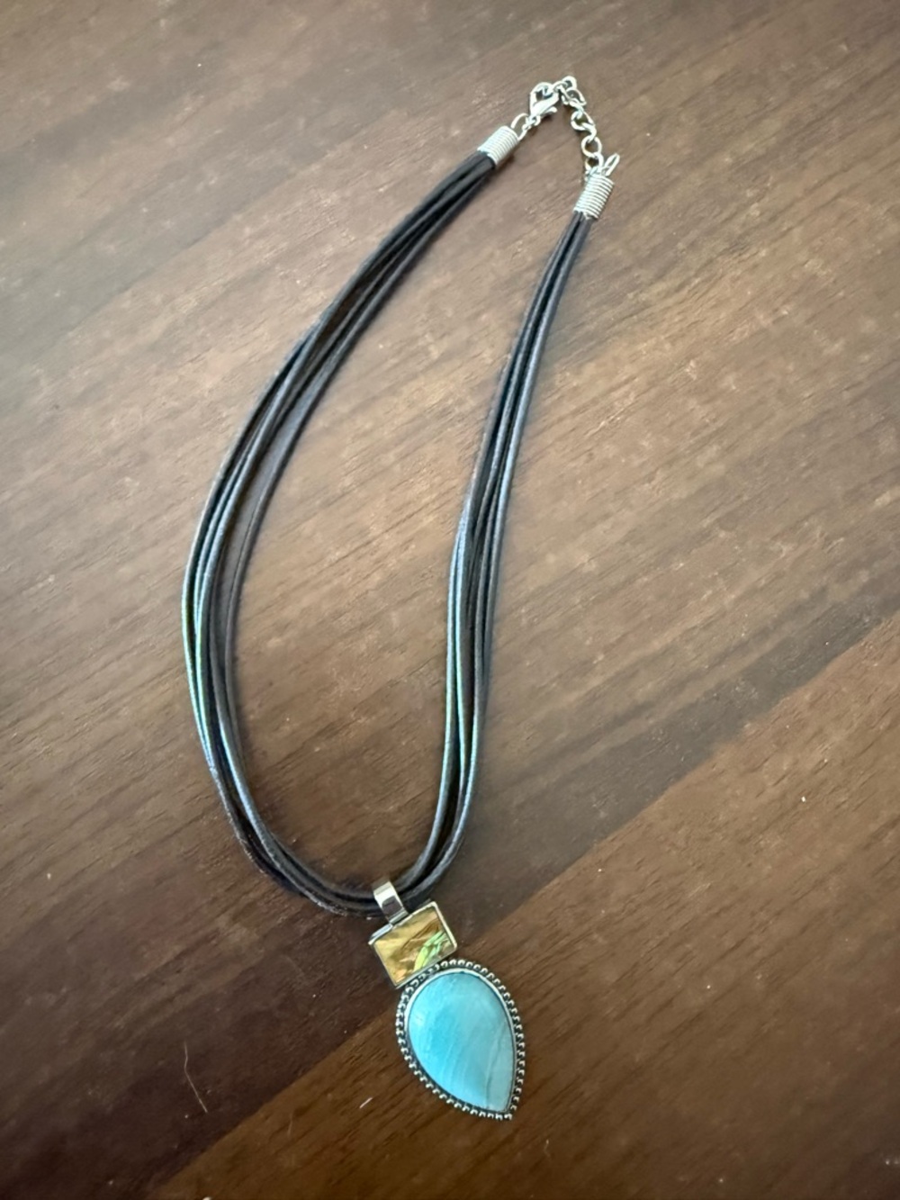 Blue Teardrop Stone Pendant Necklace with Black Multi-Strand Cord